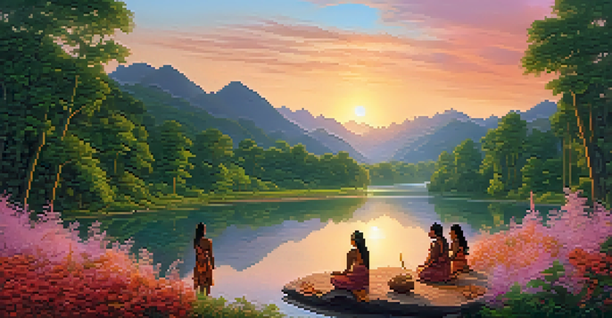 A tranquil forest scene with a river, sunset sky, and Indigenous people participating in a ritual surrounded by nature.