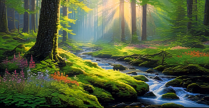 A peaceful forest at dawn with sunlight filtering through tall trees, moss-covered ground, wildflowers, and a stream.