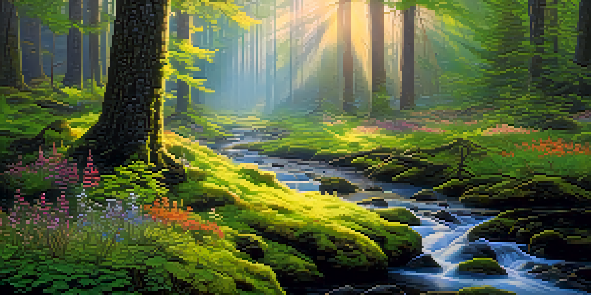 A peaceful forest at dawn with sunlight filtering through tall trees, moss-covered ground, wildflowers, and a stream.