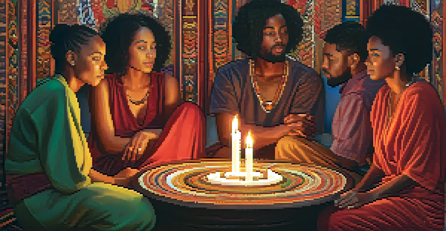 A diverse group of people sitting in a circle, illuminated by candlelight, discussing openly.
