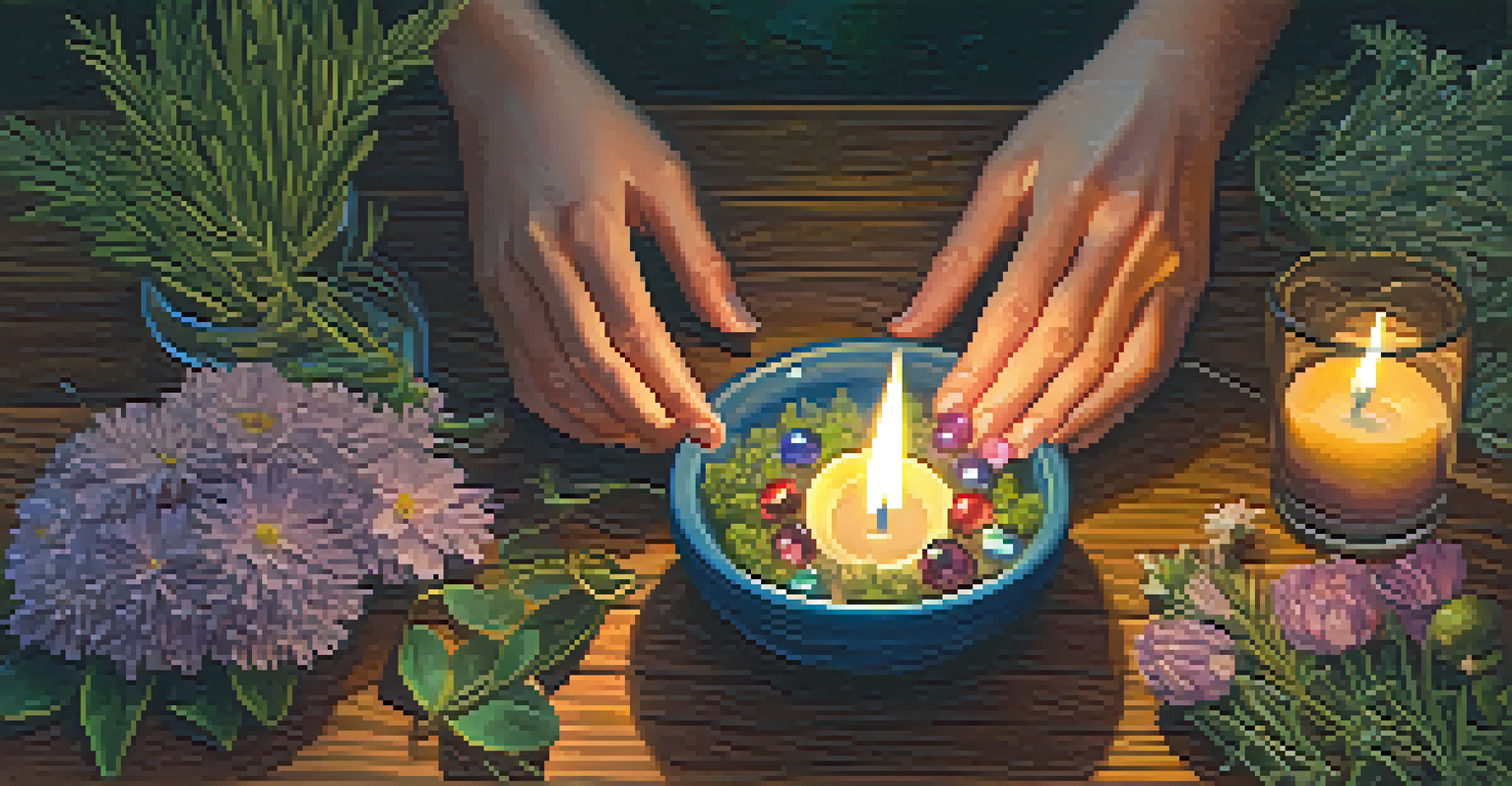 Close-up of hands holding a crystal surrounded by herbs and flowers, with flickering candlelight in the background.