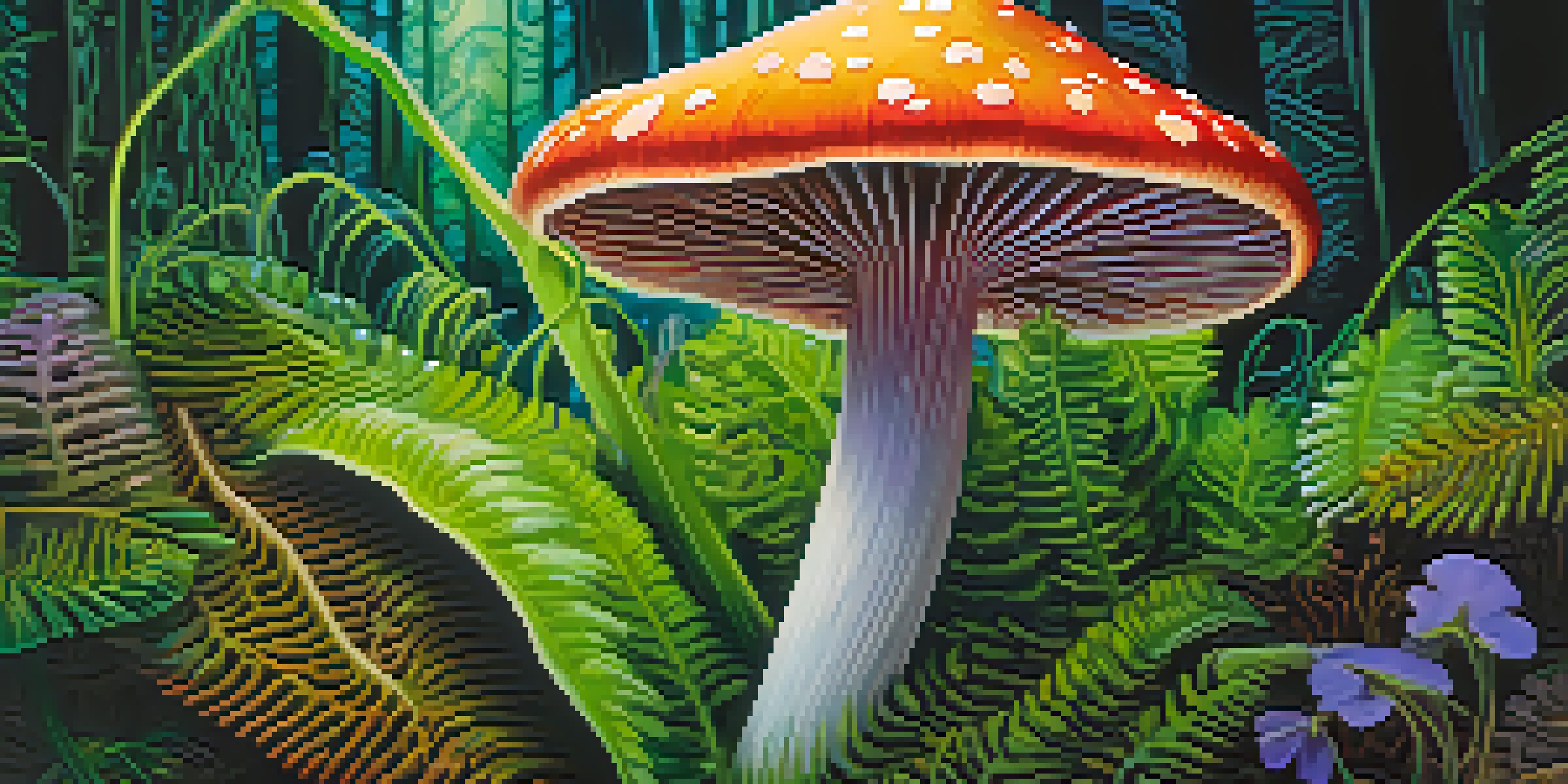 A close-up of a colorful psychedelic mushroom in a green setting, highlighting its unique features.
