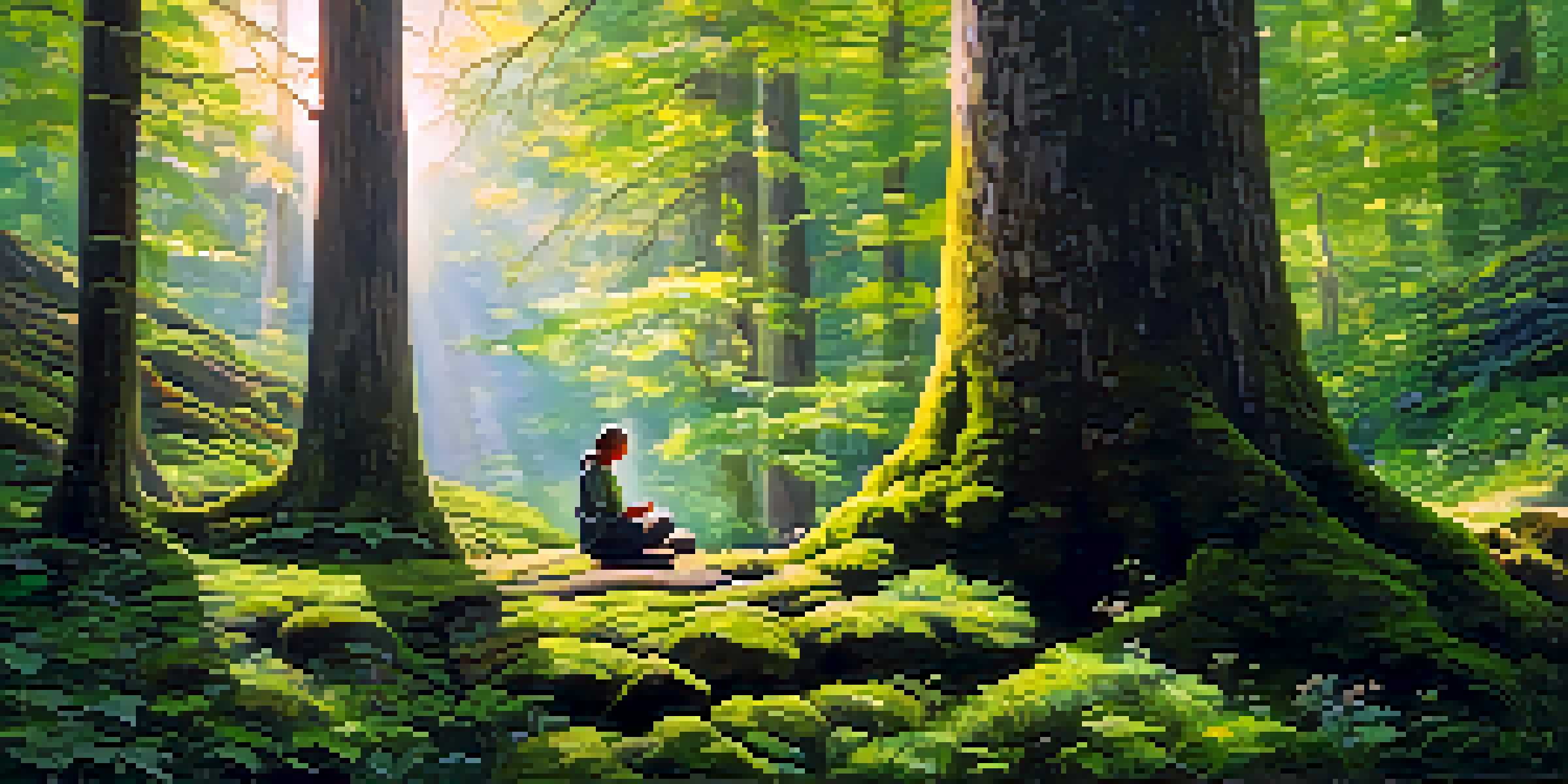 A person meditating on a moss-covered stone in a serene forest, with sunlight filtering through the leaves and vibrant flora surrounding them.