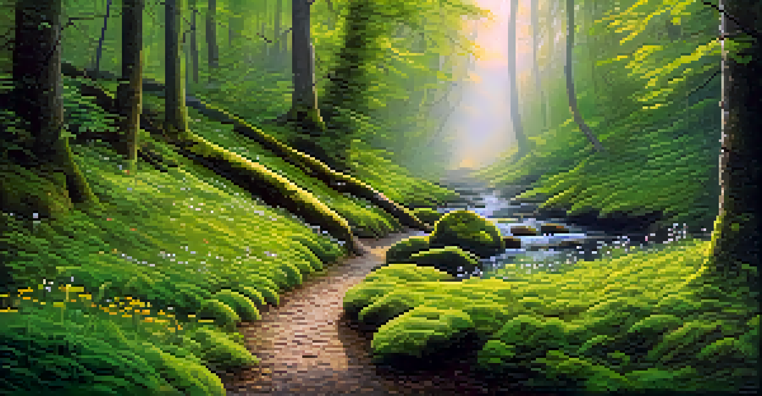A lush forest path with sunlight streaming through the trees, moss-covered ground, and a gentle stream beside it.