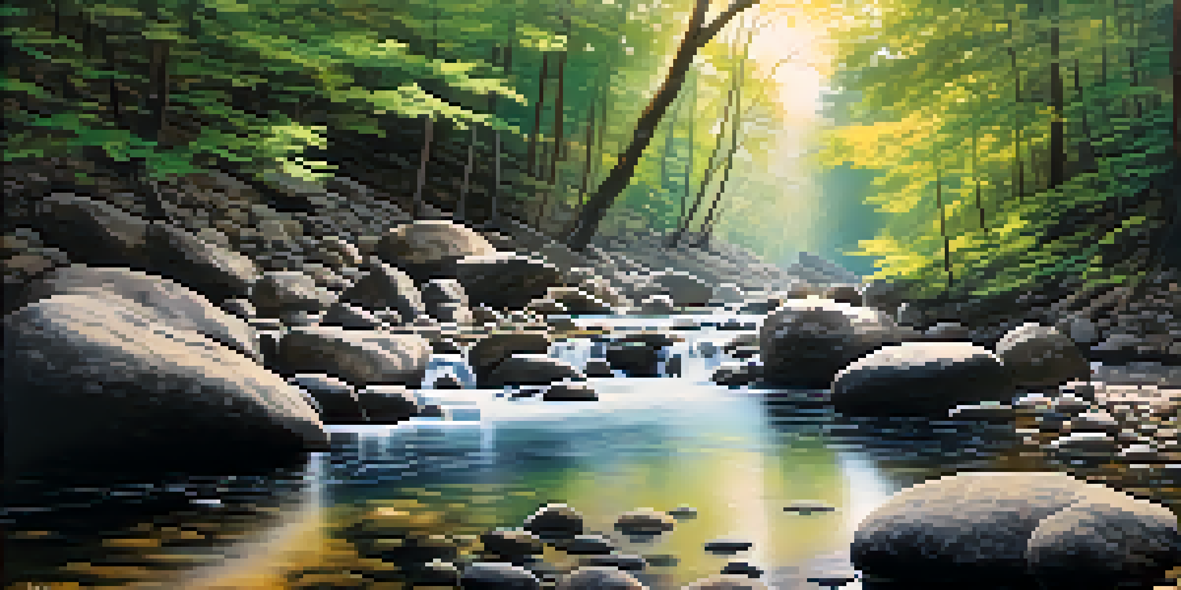 A peaceful forest scene with sunlight shining through the trees, a clear stream flowing over stones.