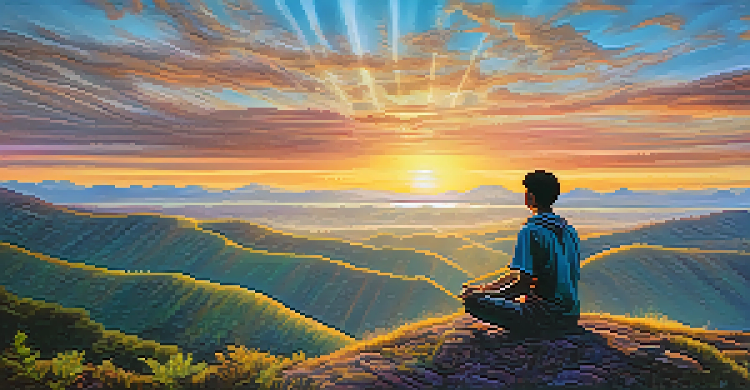 A person meditating on a hilltop with a vibrant sunset sky and a scenic landscape, surrounded by ethereal light patterns.