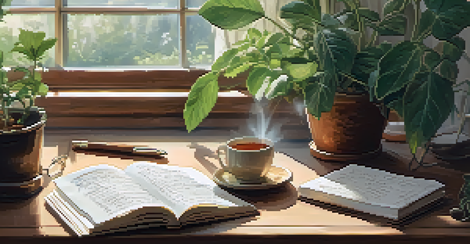 An open journal with handwritten notes and sketches on a wooden table, with a cup of tea and plants.