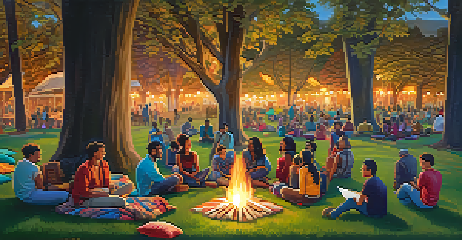 A community gathering in a park around a bonfire, with diverse individuals sharing stories and colorful blankets laid out on the grass.