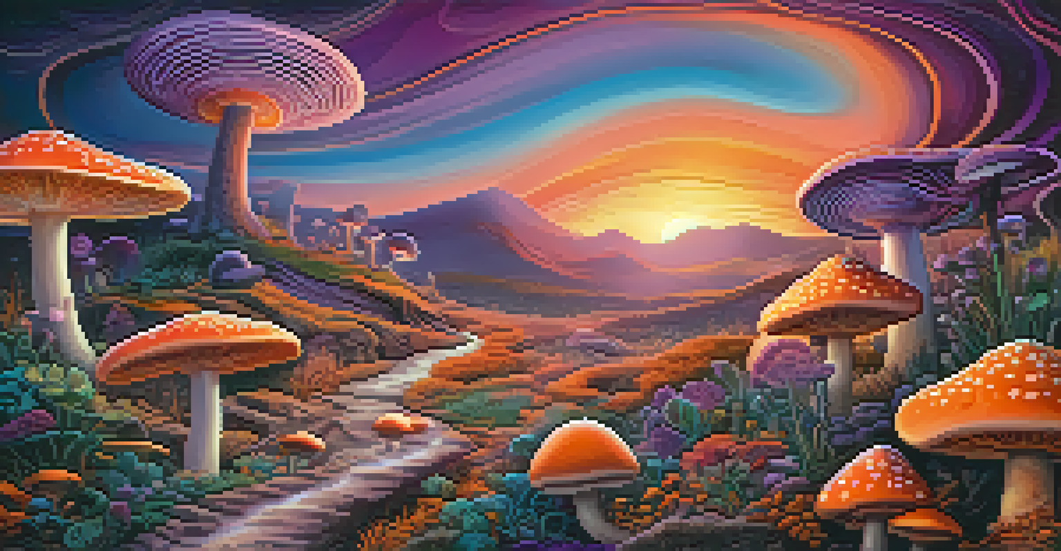 A vibrant psychedelic landscape with colorful swirling patterns and symbolic mushrooms.