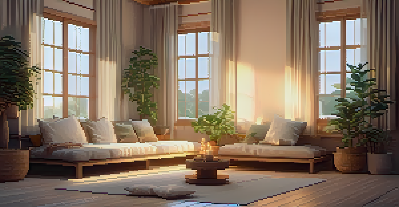 A cozy meditation room with cushions, plants, and soft lighting creating a calming atmosphere.