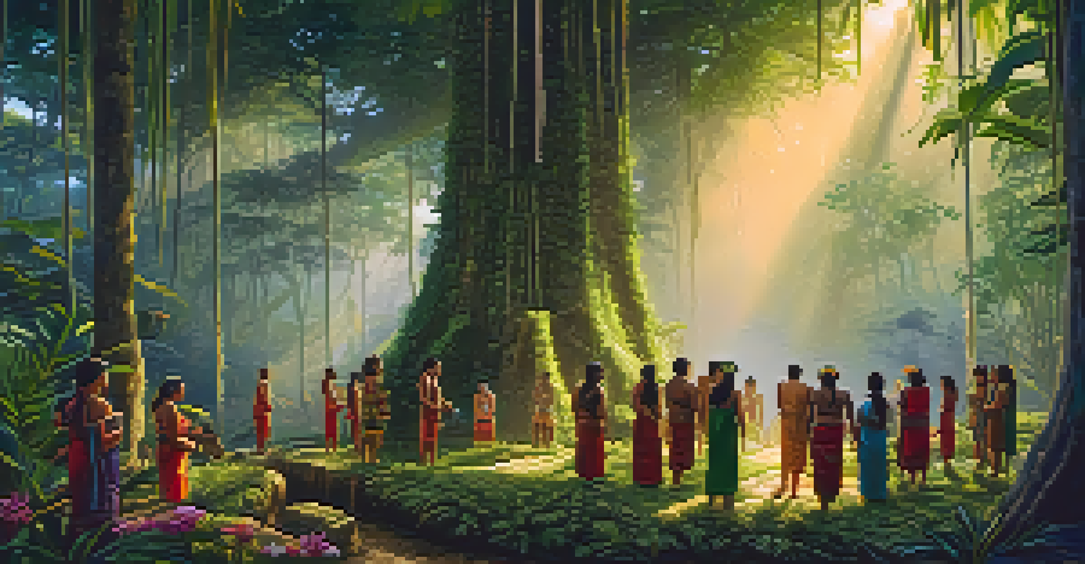 A peaceful Amazon rainforest at dawn with indigenous people in traditional attire engaged in a shamanic ceremony surrounded by lush greenery.