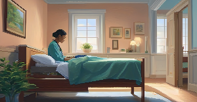 A peaceful palliative care room with a patient in bed and a healthcare provider offering support, surrounded by soft lighting and calming decor.