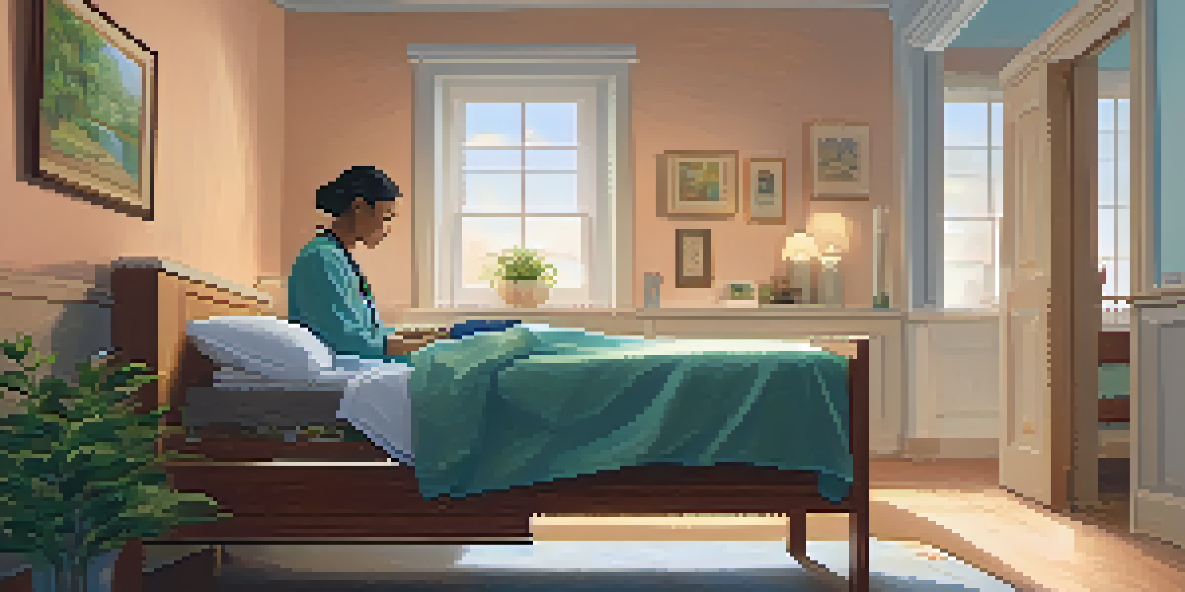 A peaceful palliative care room with a patient in bed and a healthcare provider offering support, surrounded by soft lighting and calming decor.