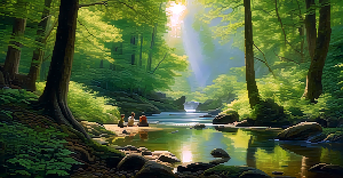 A tranquil forest scene with ancient trees, sunlight, and a stream, featuring a diverse group of people meditating in a circle.
