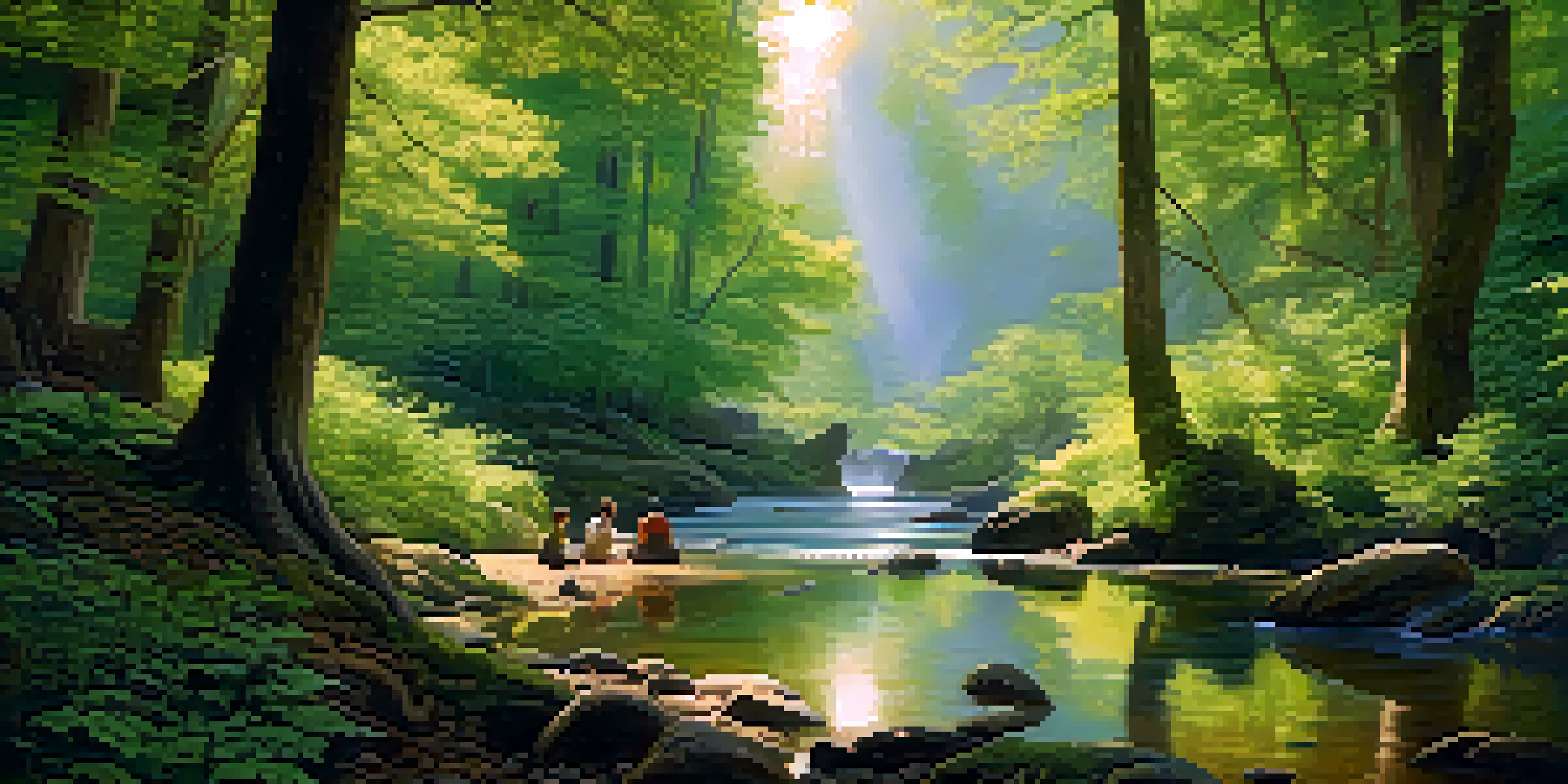 A tranquil forest scene with ancient trees, sunlight, and a stream, featuring a diverse group of people meditating in a circle.