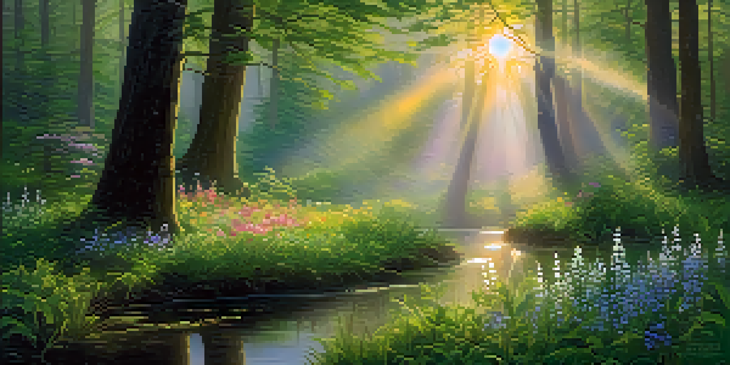 A tranquil forest clearing at dawn, with sunlight streaming through leaves and colorful wildflowers, accompanied by a gently flowing stream.