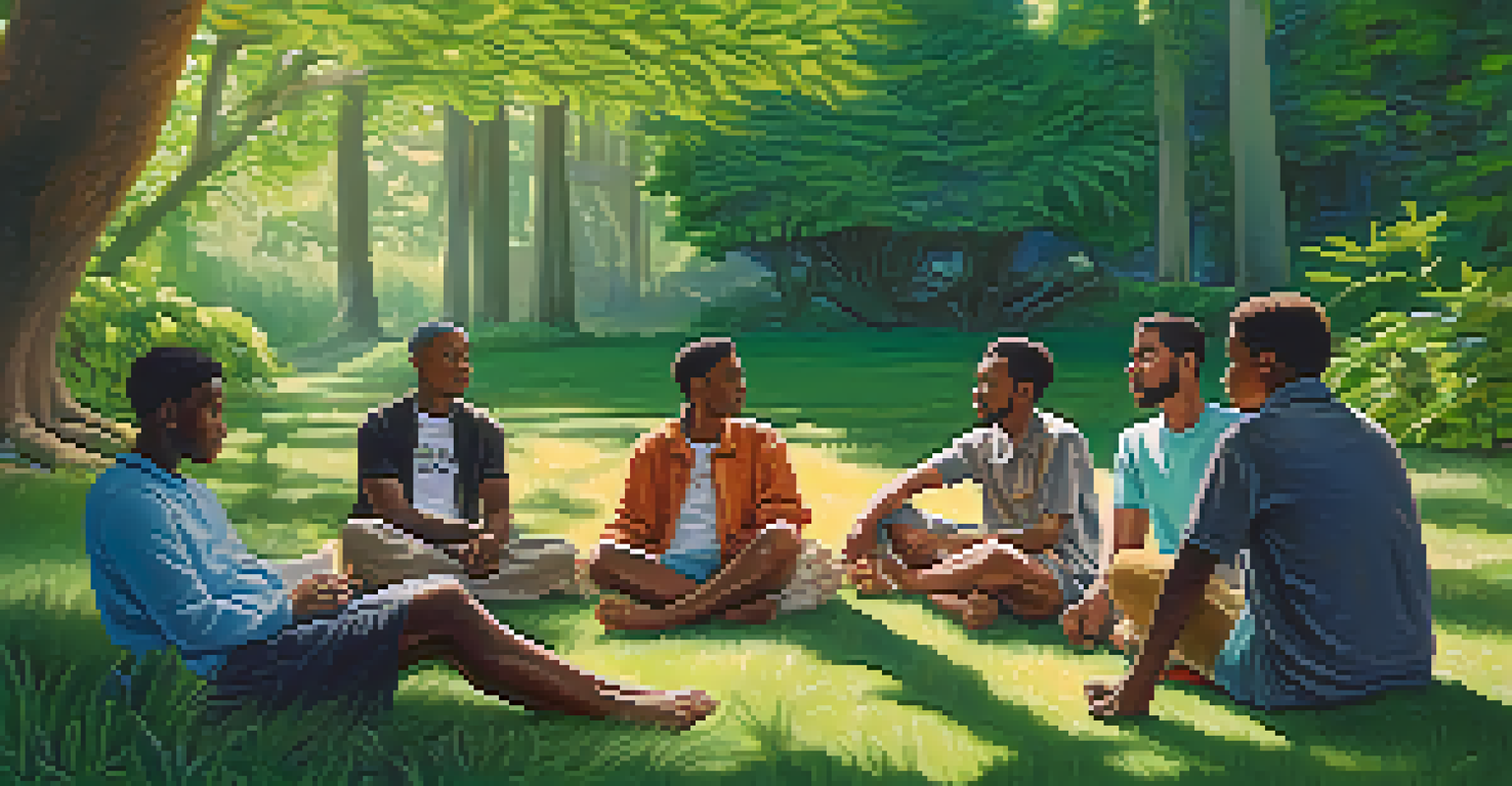 A group of civil rights activists sharing experiences in a circle in a serene park, surrounded by greenery and art materials.
