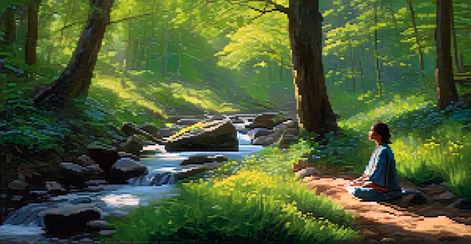 A person meditating in a lush green forest near a gentle stream, with sunlight filtering through the leaves.