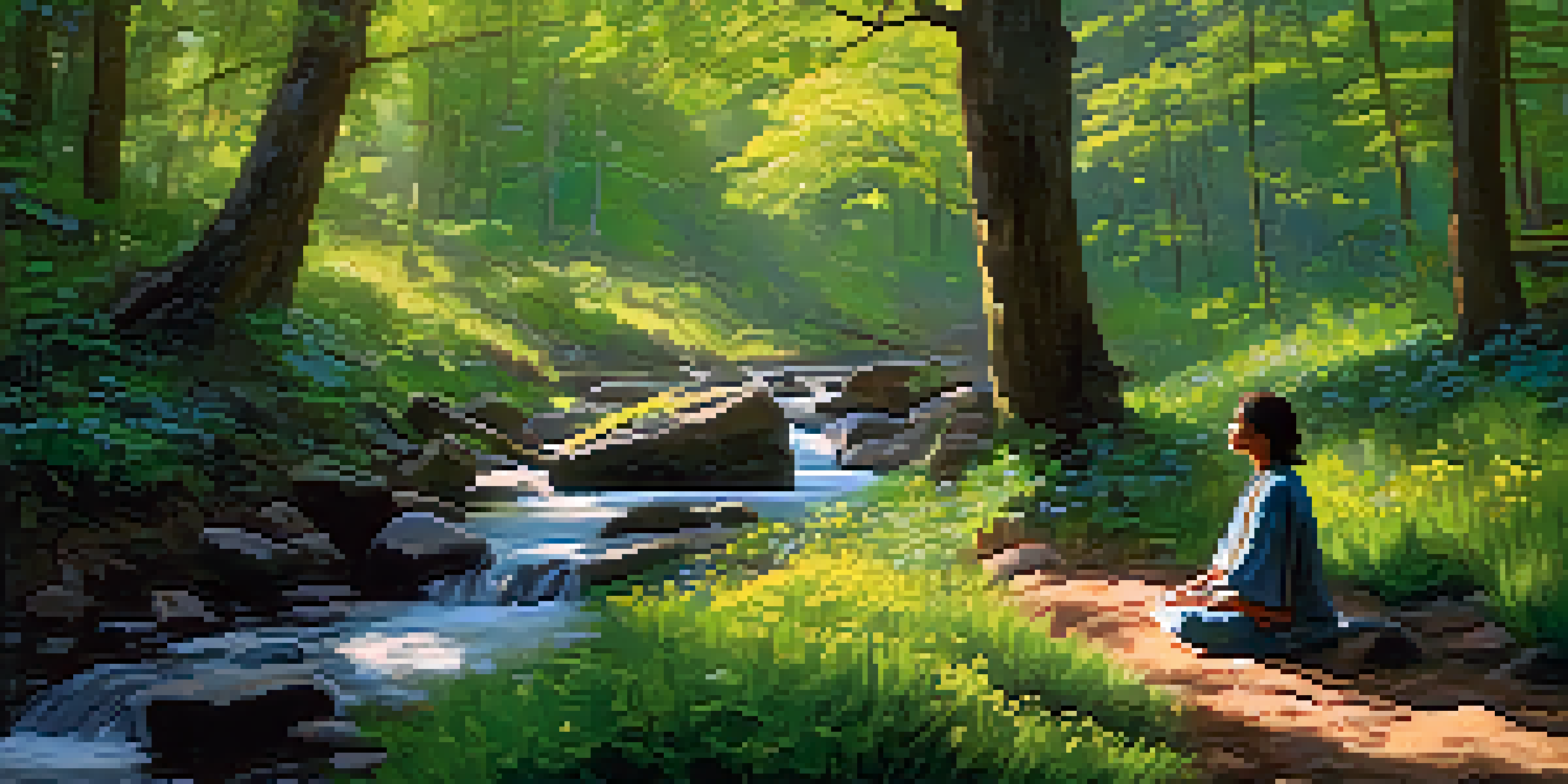 A person meditating in a lush green forest near a gentle stream, with sunlight filtering through the leaves.