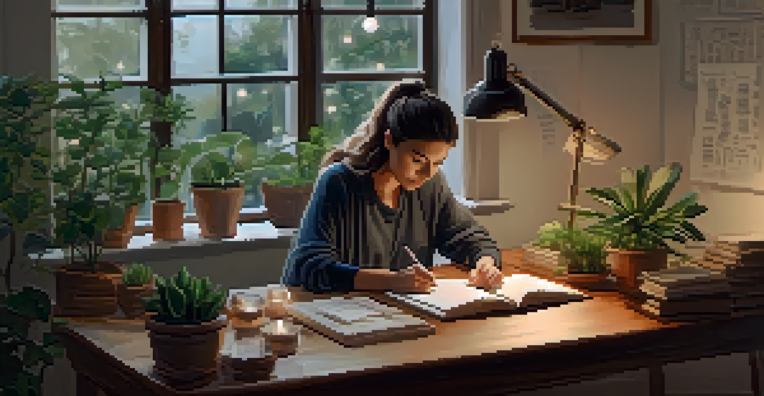 A person journaling at a wooden desk in a softly lit indoor space, surrounded by plants and candles, creating a serene atmosphere for mindfulness.