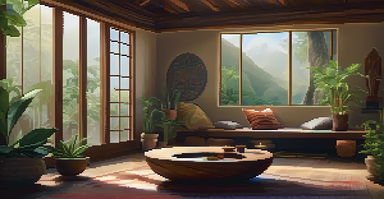 A cozy wellness retreat room with cushions, plants, and a bowl of ayahuasca on a table.
