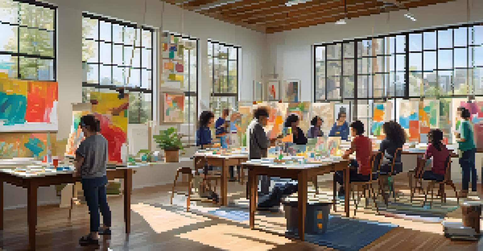 A lively community workshop with diverse individuals engaged in creative activities like painting and writing in a bright room.
