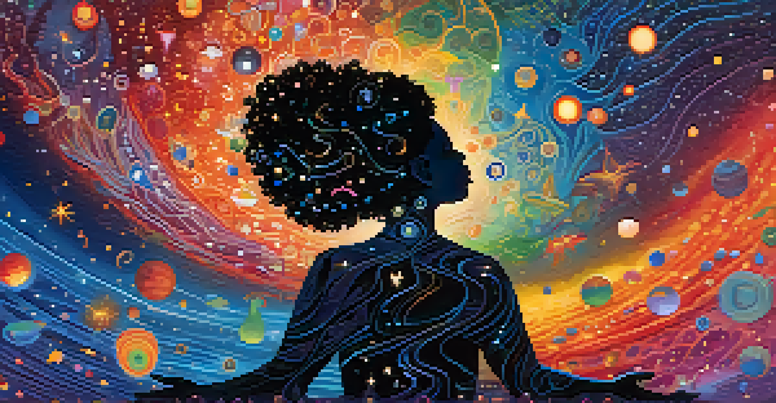 A cosmic scene with a meditative silhouette radiating colorful energy patterns, symbolizing interconnectedness and joy.