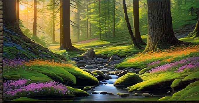 A peaceful forest at dawn with sunlight streaming through trees and a flowing stream.