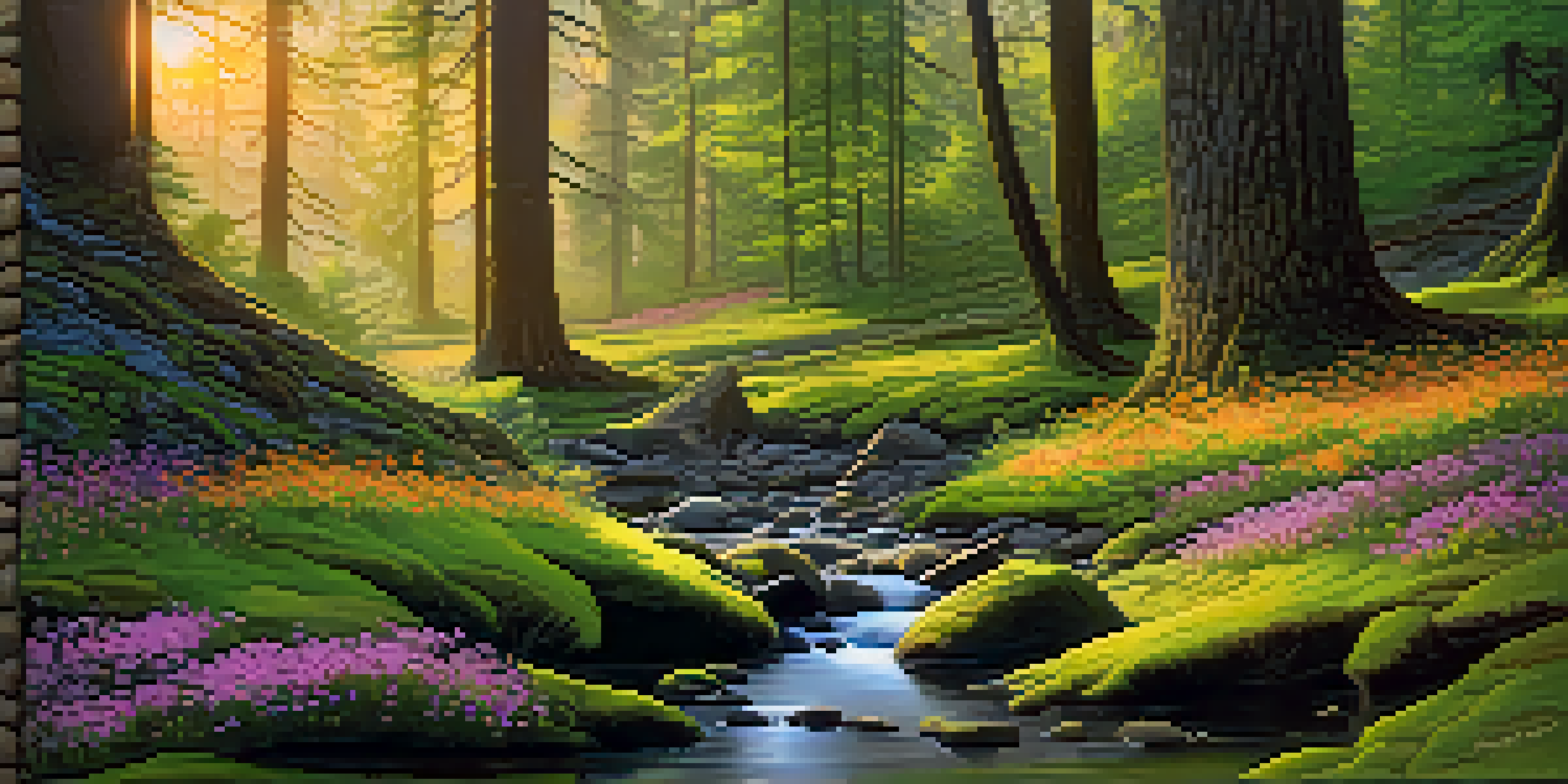 A peaceful forest at dawn with sunlight streaming through trees and a flowing stream.