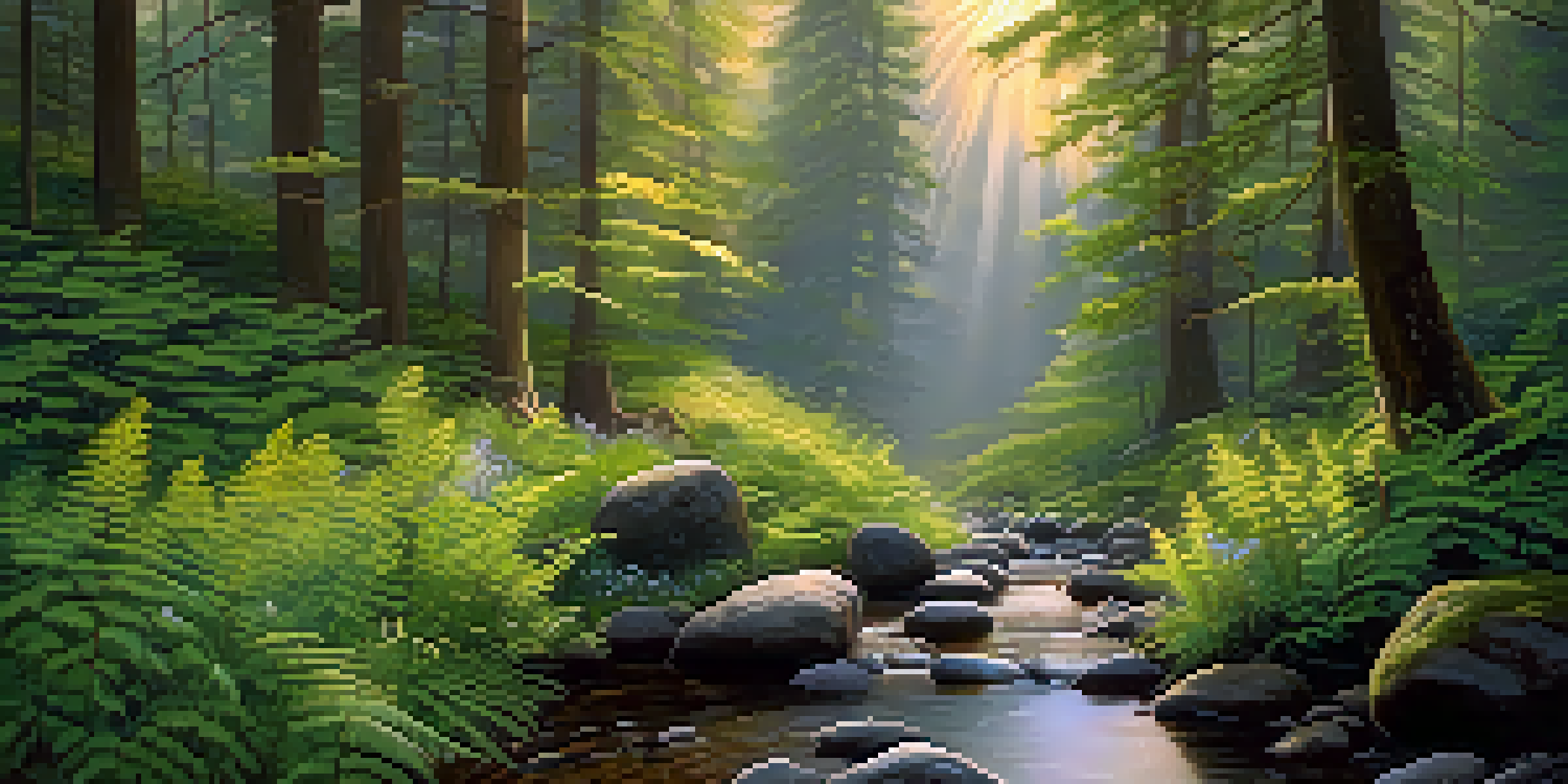A peaceful forest scene at dawn with sunlight filtering through trees and a gentle stream flowing.