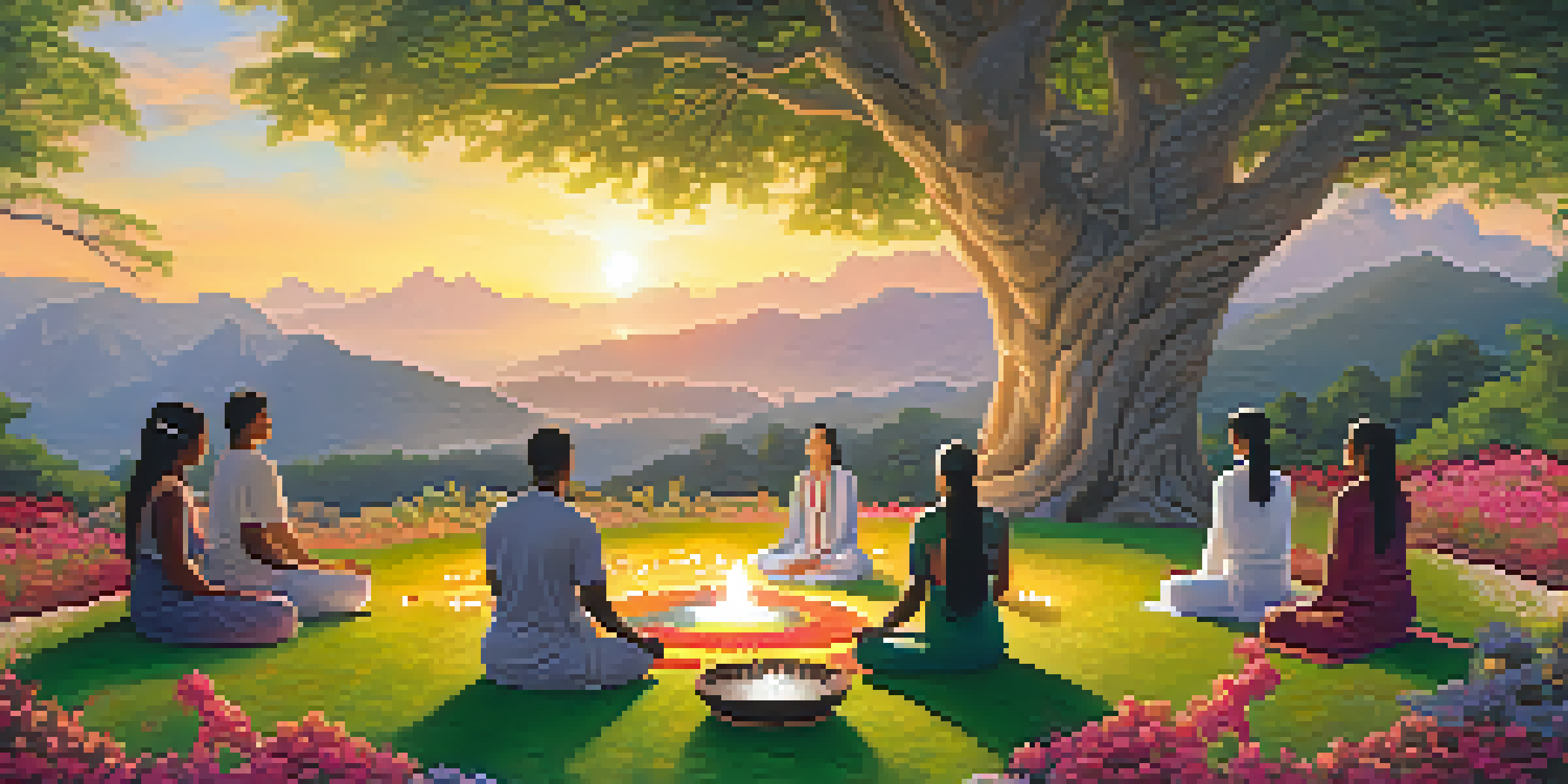 A tranquil landscape with people participating in a traditional indigenous ceremony, surrounded by vibrant flowers and trees under a warm sunset.