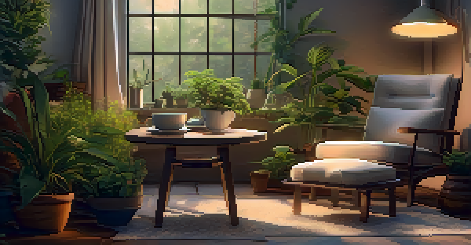 A warm and inviting indoor space with a chair, plants, and a table with a journal and tea for reflection.