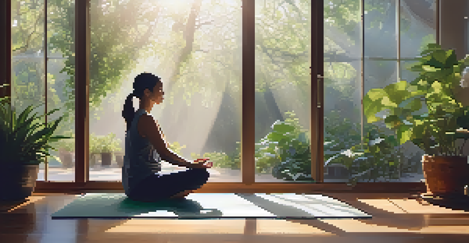 A person meditating in a bright room filled with plants and sunlight, creating a peaceful atmosphere.