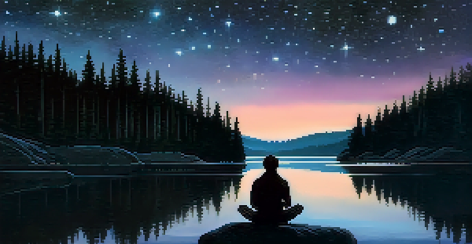 A person sitting by a peaceful lake at night, looking up at a star-filled sky, reflecting the stars on the water's surface.