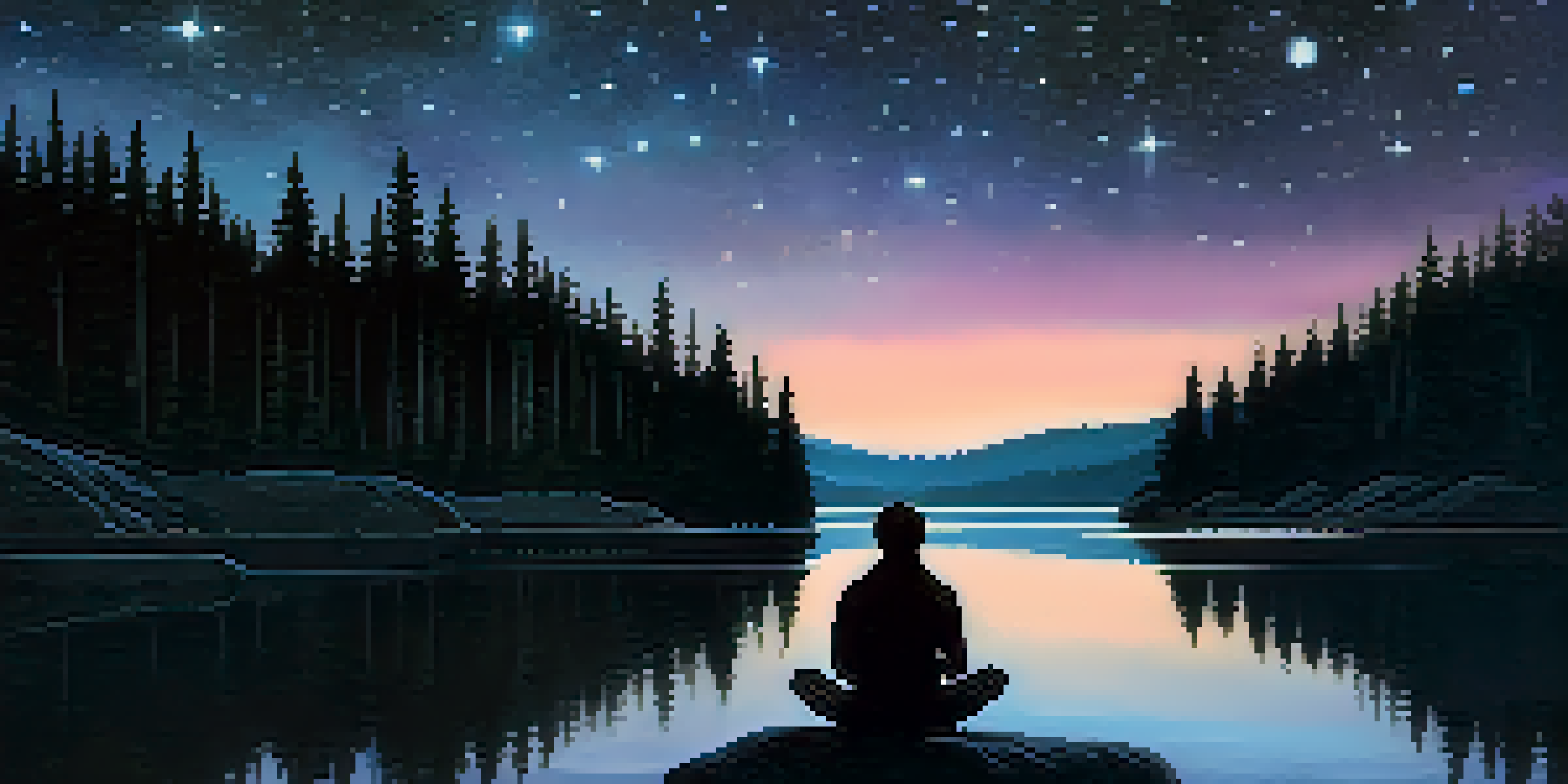 A person sitting by a peaceful lake at night, looking up at a star-filled sky, reflecting the stars on the water's surface.