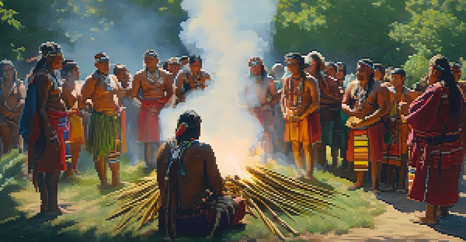 A group of people in traditional clothing participating in a ritual with a sage bundle, surrounded by greenery and sunlight filtering through the trees.
