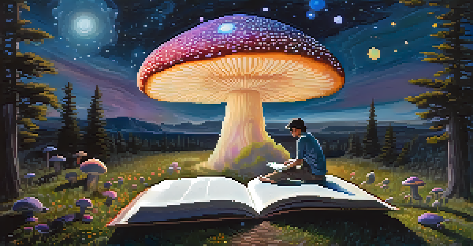 A surreal landscape with a giant mushroom and a person sketching under a starlit sky filled with colorful patterns.