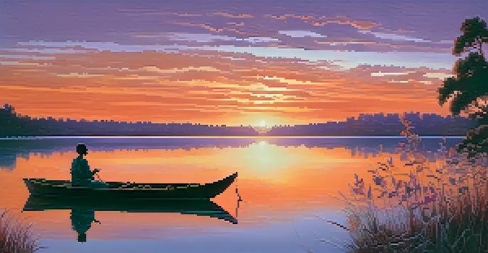 A peaceful sunset over a lake with a small boat and a person meditating, surrounded by silhouettes of indigenous plants.
