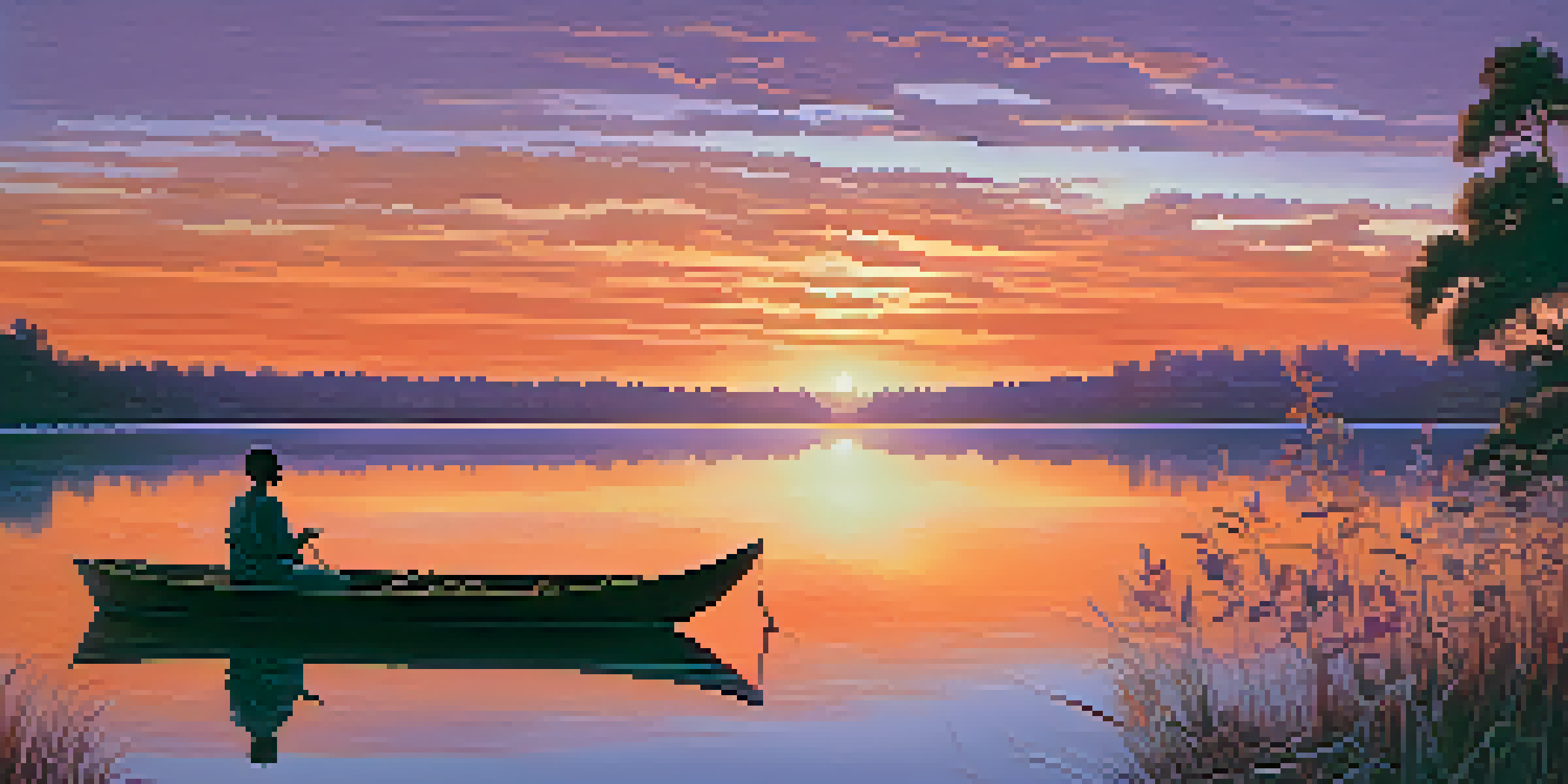A peaceful sunset over a lake with a small boat and a person meditating, surrounded by silhouettes of indigenous plants.