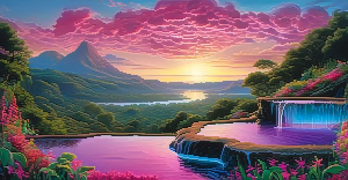 A surreal landscape with a colorful waterfall, lush vegetation, and a vibrant cosmic sunset in the sky.