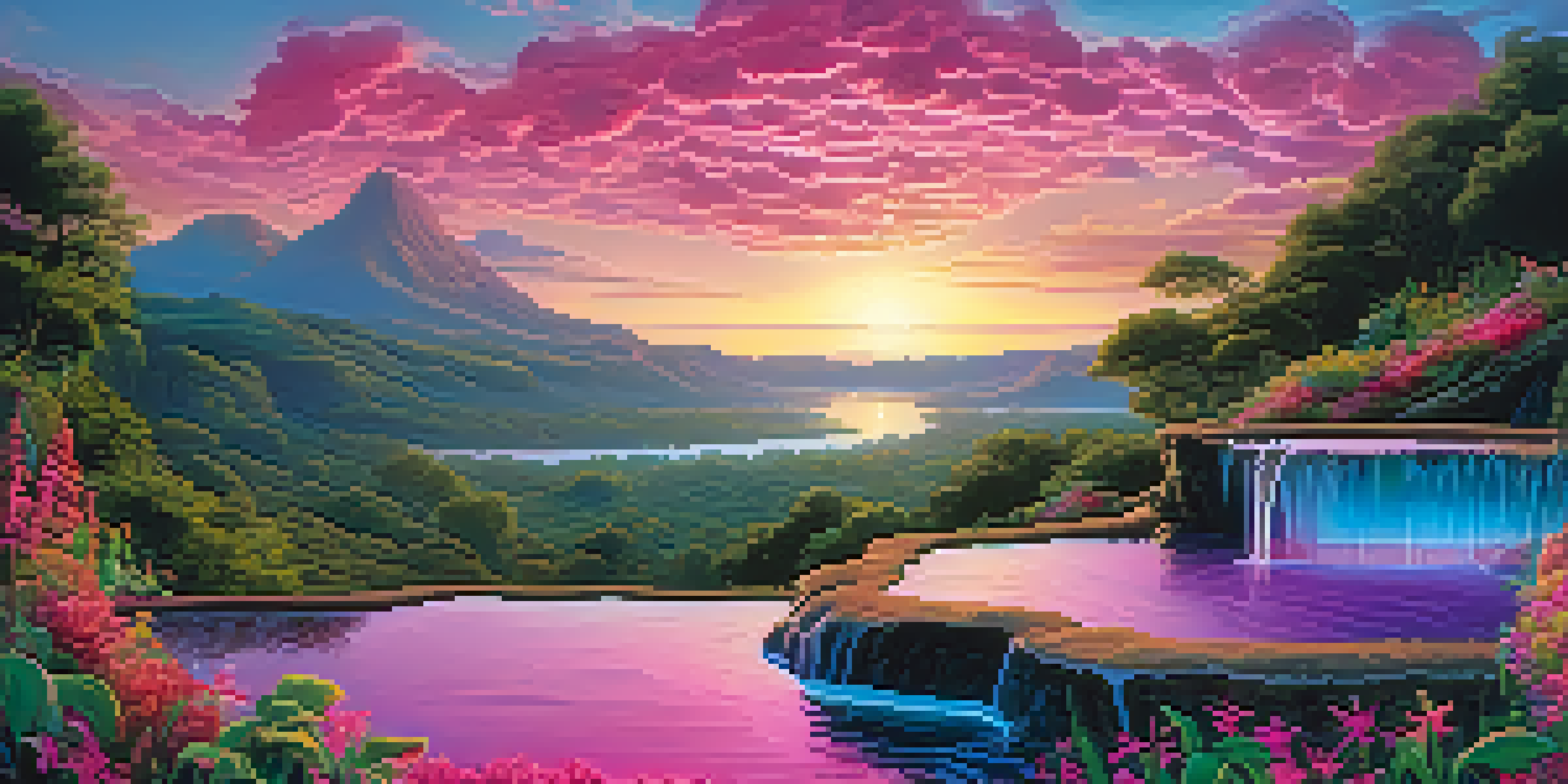 A surreal landscape with a colorful waterfall, lush vegetation, and a vibrant cosmic sunset in the sky.