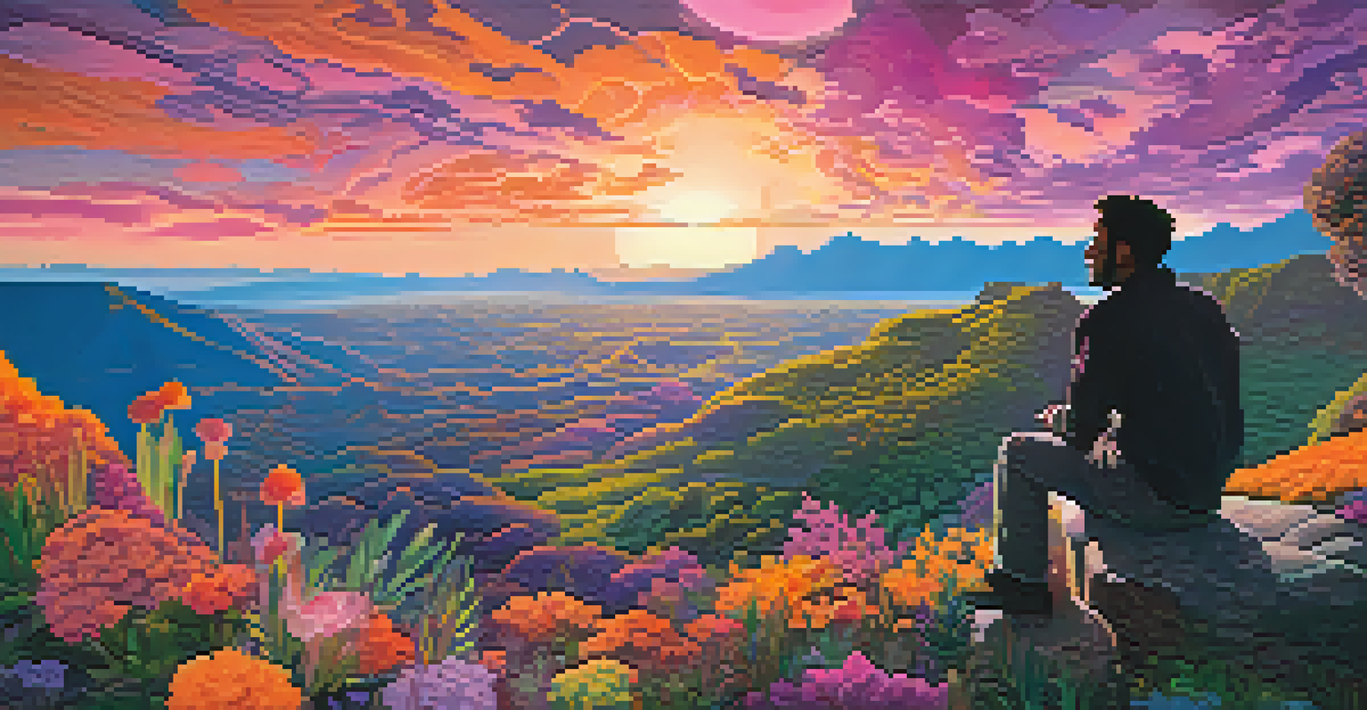 A vibrant sunset over a lush valley filled with exotic plants, with a silhouette of a person standing on a cliff.