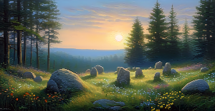 A tranquil forest with golden twilight light, a stone circle surrounded by wildflowers, and a glowing orb above, creating a peaceful atmosphere.