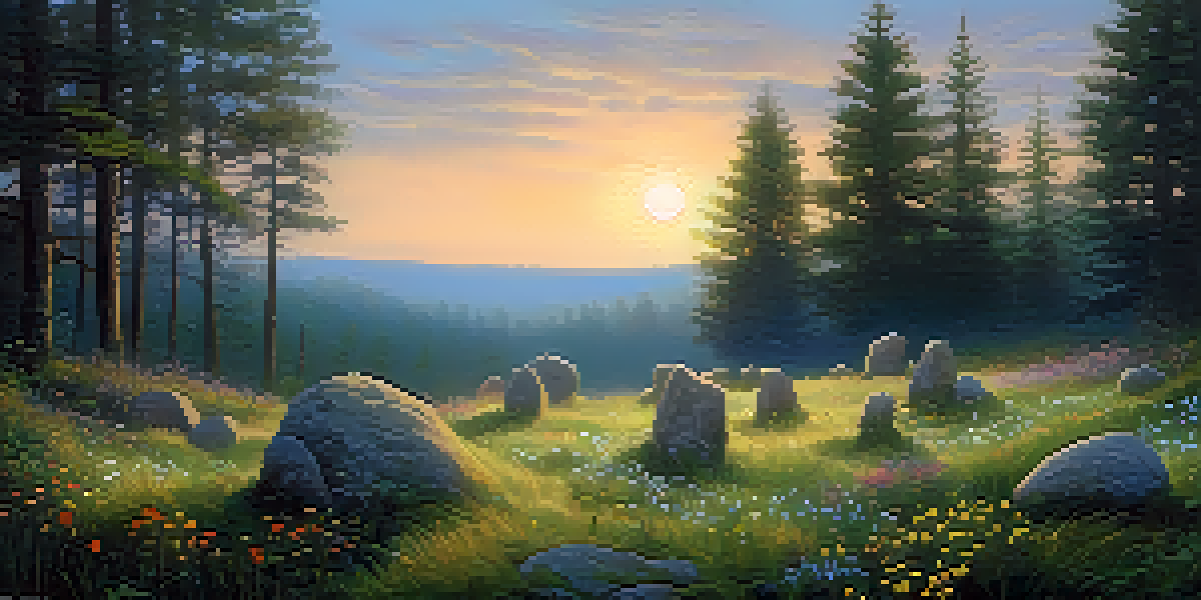 A tranquil forest with golden twilight light, a stone circle surrounded by wildflowers, and a glowing orb above, creating a peaceful atmosphere.