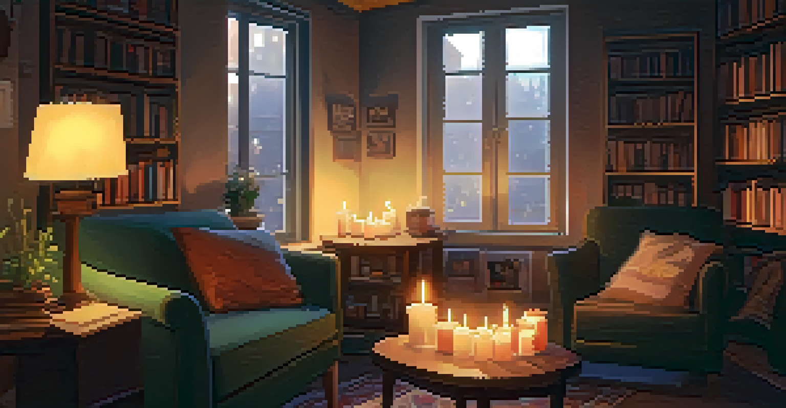 A warm, inviting room with people sharing stories, illuminated by candlelight.