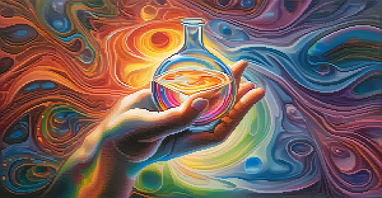 Two hands holding a glass vial with colorful liquid, set against an abstract background of swirling colors representing emotions.