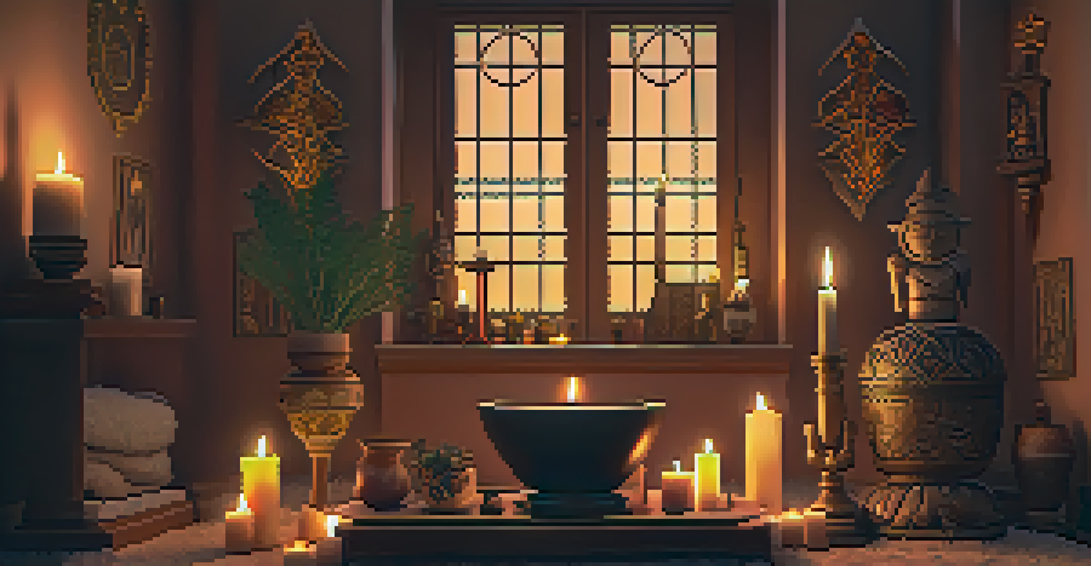 A cozy room with an altar featuring candles, crystals, and herbs, creating a sacred atmosphere.