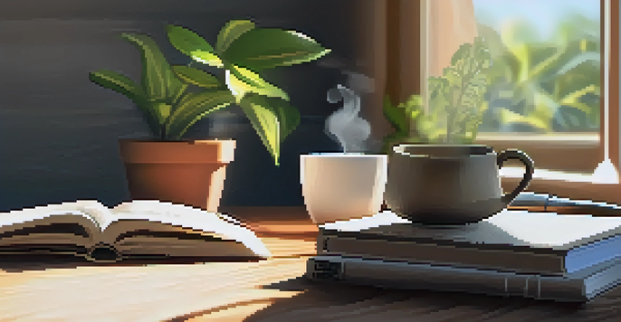 A peaceful workspace with a wooden desk, a potted plant, a journal, and a cup of tea, bathed in sunlight.