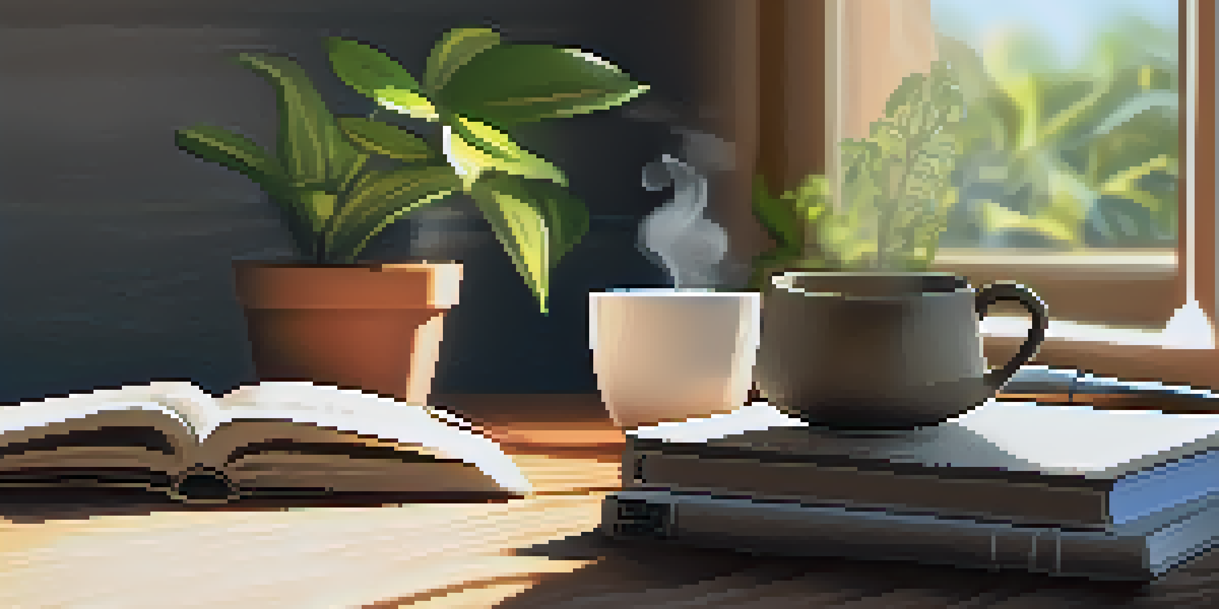 A peaceful workspace with a wooden desk, a potted plant, a journal, and a cup of tea, bathed in sunlight.