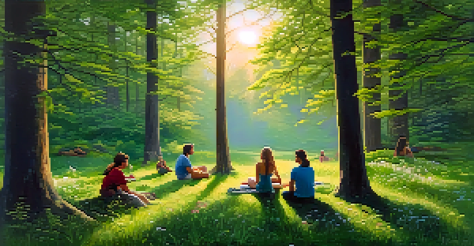 A peaceful forest with sunlight shining through the trees, where a group of people are sitting in a circle, symbolizing connection and discussion.